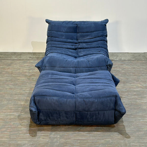Ligne Roset Blue Togo Armchair and Footstool by Michel Ducaroy, Set of Two