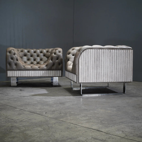 Bespoke Concrete Armchair in Pewter Grey Napa Leather with Soft Chesterfield Detailing - REHAUS - Bespoke