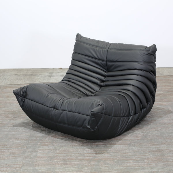 Ligne Roset Black Leather Togo Armchair and Footstool by Michel Ducaroy, Set of Two @ REHAUS