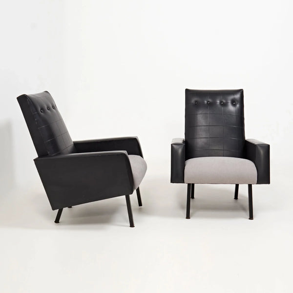 Mid Century Black Leather Pierre Guariche Style Armchairs, Set of 2 - REHAUS - Pierre Guariche