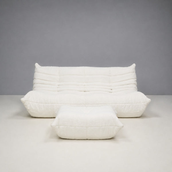 White Bouclé Togo Three Seater and Footstool, Set of Two @ REHAUS