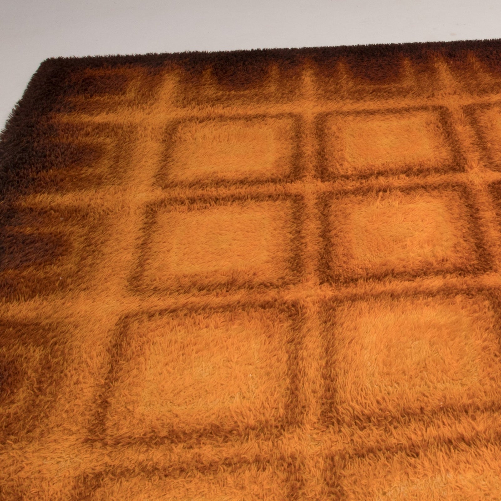1970's Geometric Orange & Brown Shag Pile Rug - REHAUS - 1970's