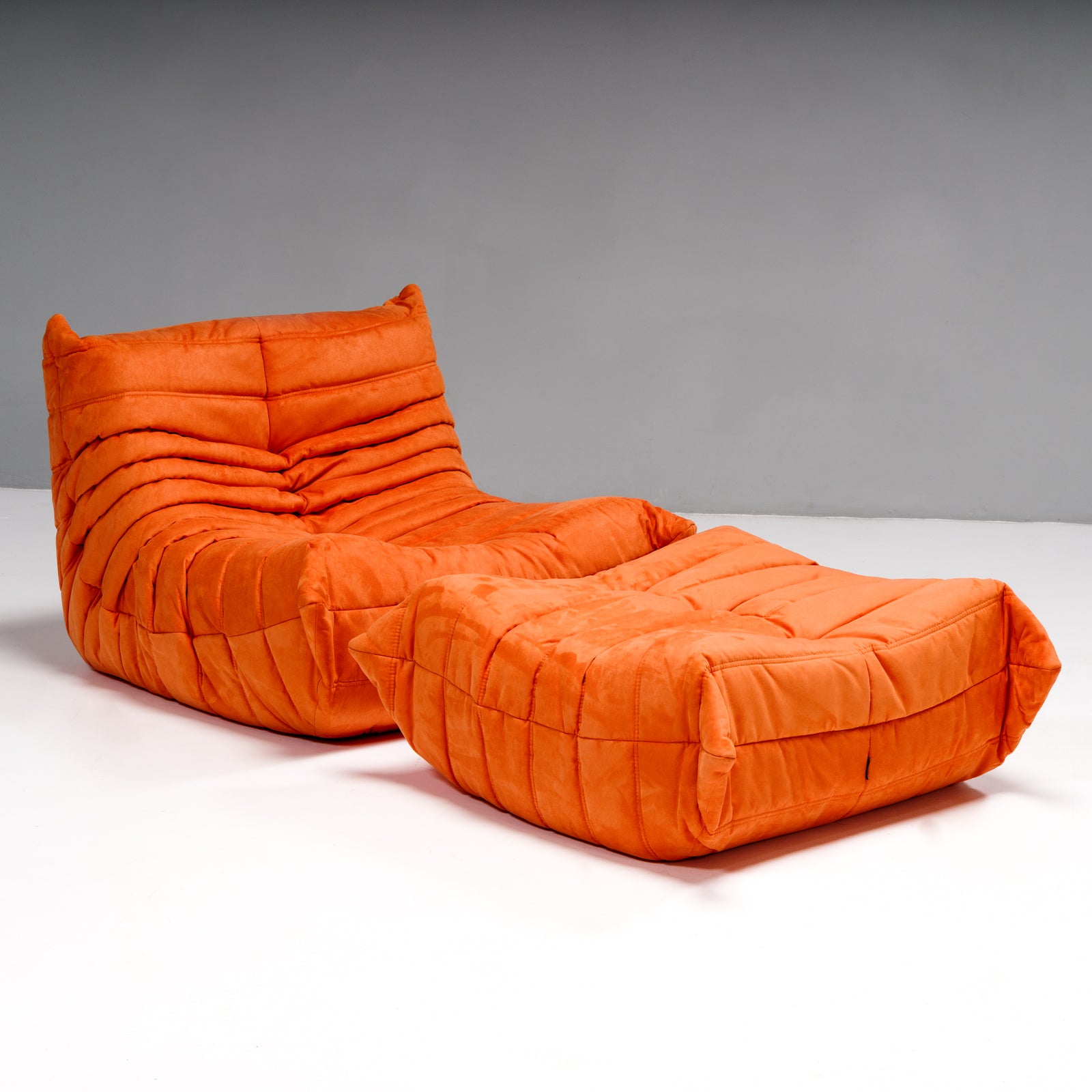 Ligne Roset by Michel Ducaroy Togo Orange Armchair and Footstool, Set of Two