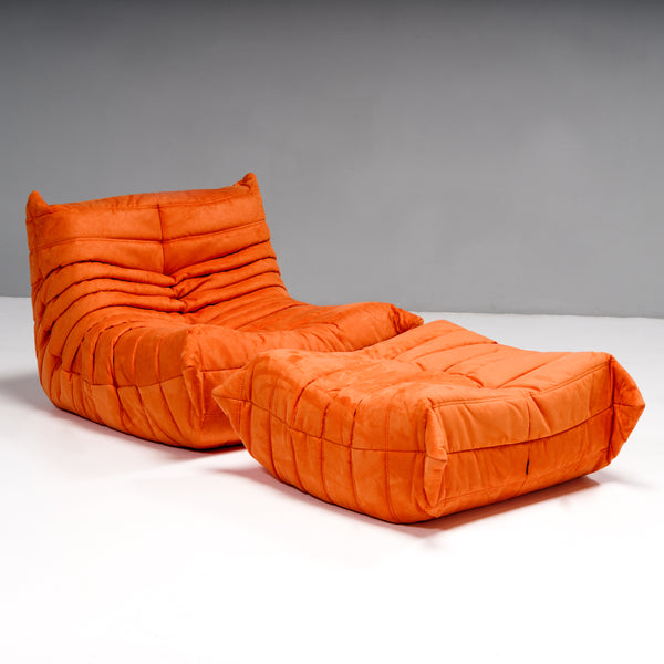 Ligne Roset by Michel Ducaroy Togo Orange Armchair and Footstool, Set of Two