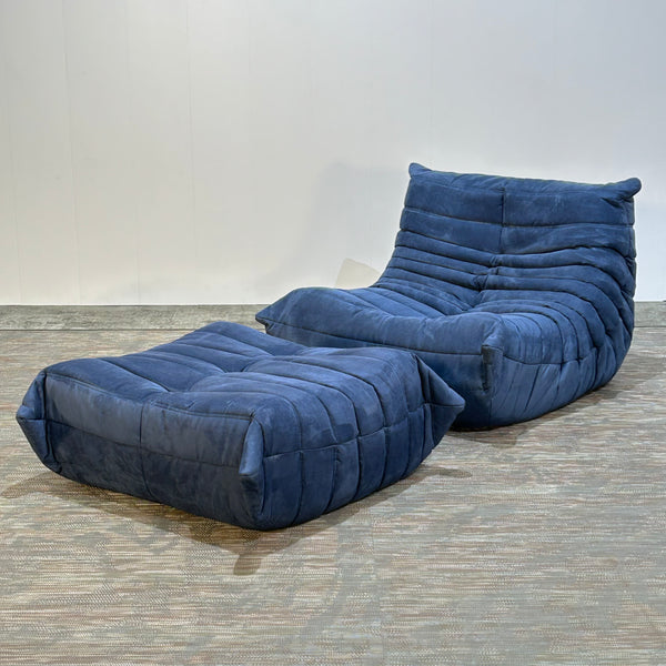 Ligne Roset Blue Togo Armchair and Footstool by Michel Ducaroy, Set of Two
