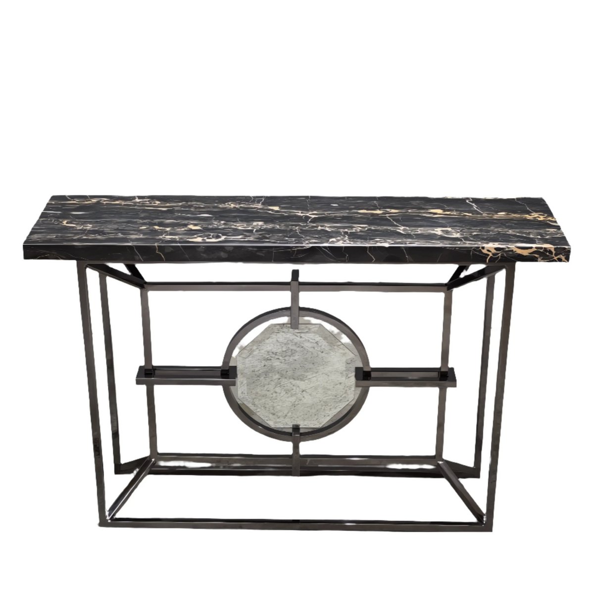 Bespoke Arabescato Corchia Black Marble Top Console Table with Plated Steel Base - REHAUS - Bespoke