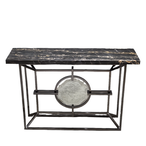 Bespoke Arabescato Corchia Black Marble Top Console Table with Plated Steel Base