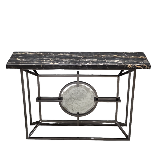 Bespoke Arabescato Corchia Black Marble Top Console Table with Plated Steel Base - REHAUS - Bespoke