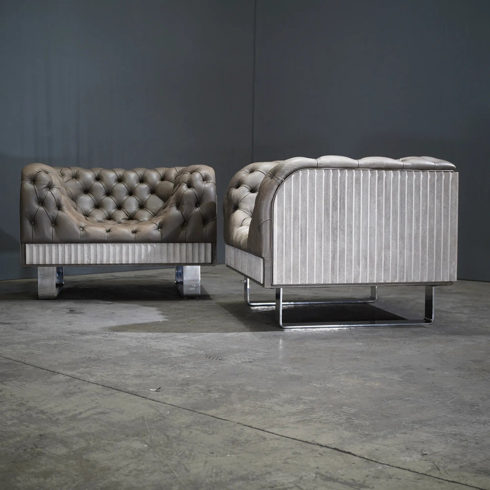 Bespoke Concrete Armchair in Pewter Grey Napa Leather with Soft Chesterfield Detailing - REHAUS - Bespoke