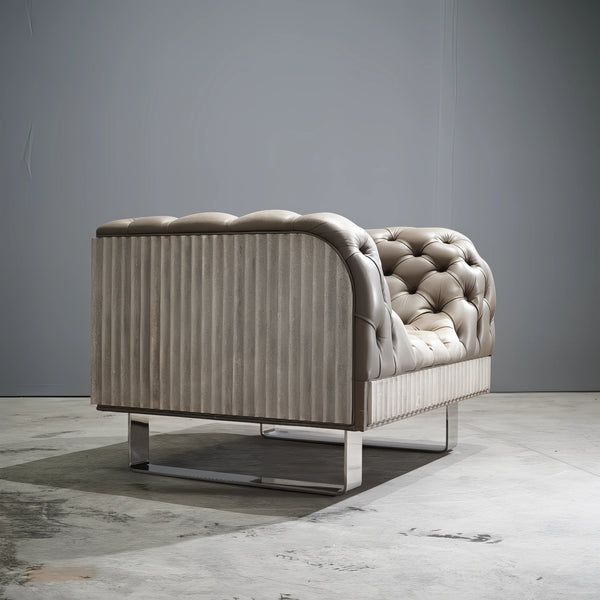 Bespoke Concrete Armchair in Pewter Grey Napa Leather with Soft Chesterfield Detailing - REHAUS - Bespoke