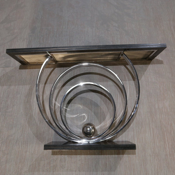 Decorus Ammonite Console Table in Polished Stainless Steel with Black Granite Top @ REHAUS