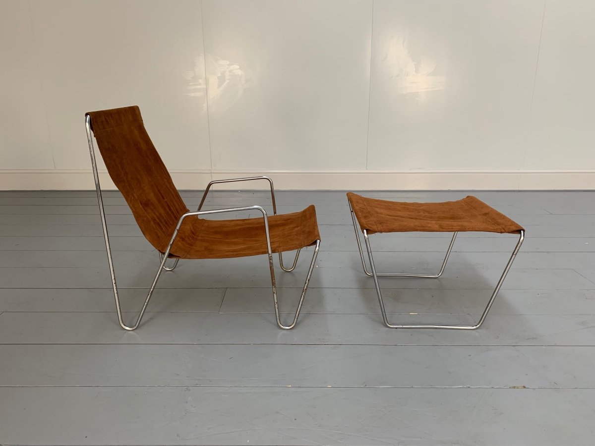 Fritz Hansen Bachelor Lounge Chair & Footstool - In Suede Leather & Chrome @ REHAUS