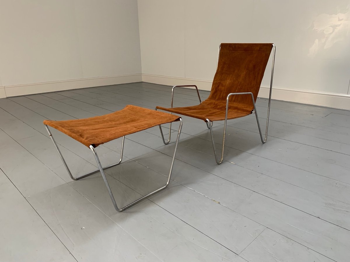 Fritz Hansen Bachelor Lounge Chair & Footstool - In Suede Leather & Chrome @ REHAUS