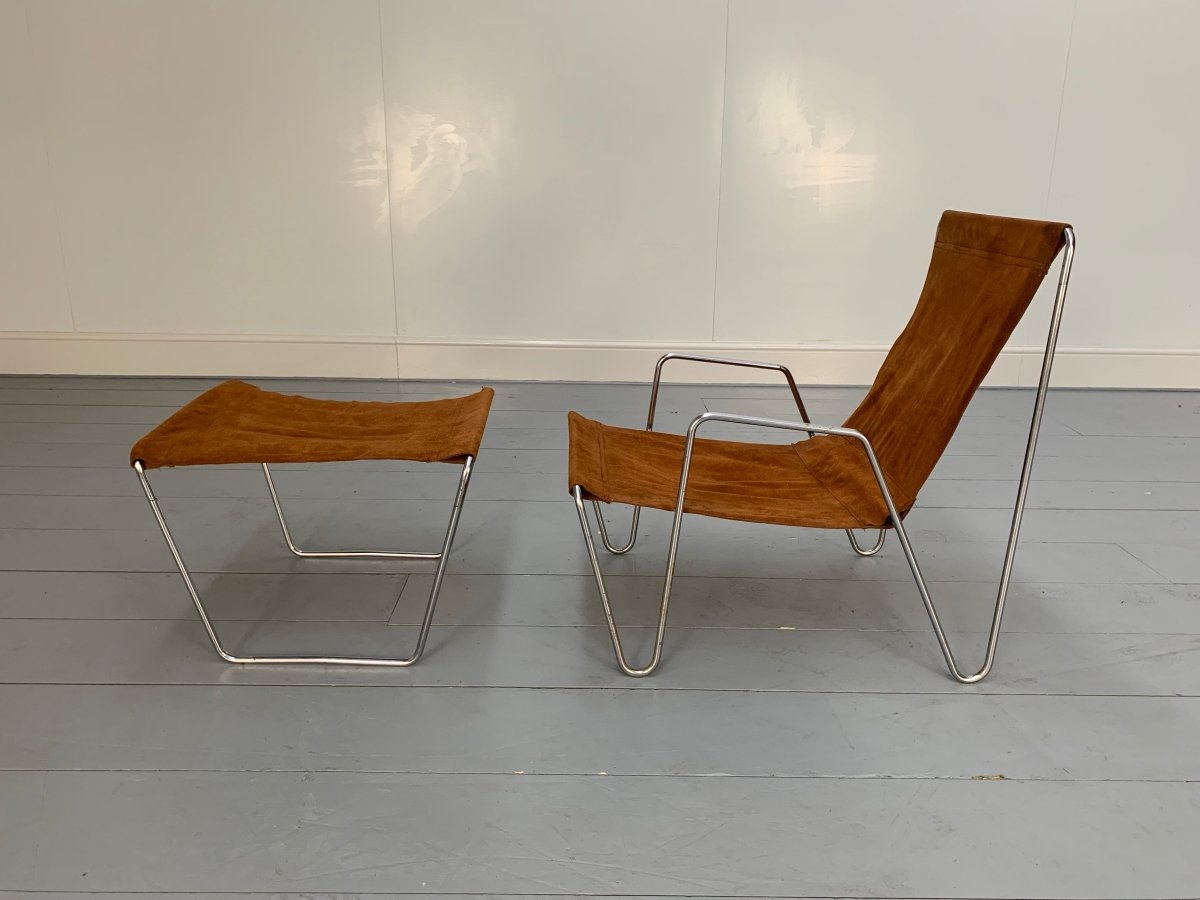 Fritz Hansen Bachelor Lounge Chair & Footstool - In Suede Leather & Chrome @ REHAUS