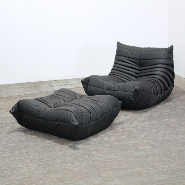 Ligne Roset Black Leather Togo Armchair and Footstool by Michel Ducaroy, Set of Two @ REHAUS