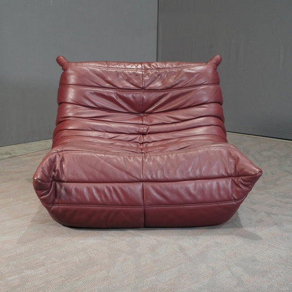 Ligne Roset Burgundy Leather Modular Sofas and Footstool, by Michel Ducaroy, Set of Six @ REHAUS