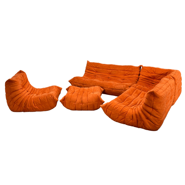 Ligne Roset Orange Modular Togo Sofa and Footstool by Michel Ducaroy, Set of Five