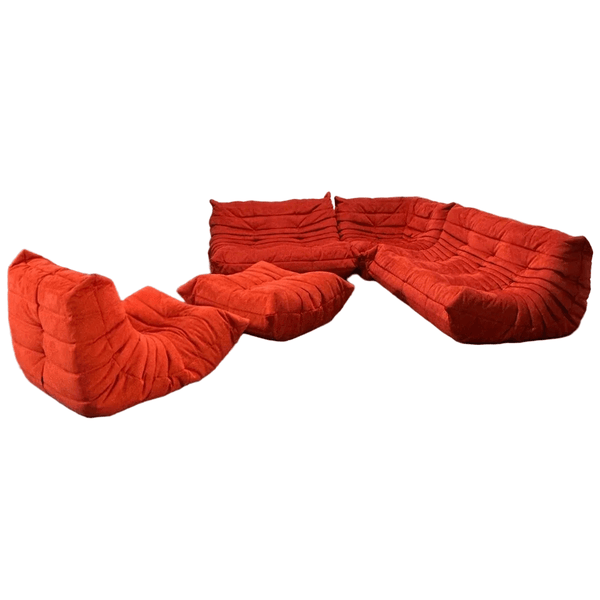 Ligne Roset Red Modular Togo Sofa and Footstool by Michel Ducaroy, Set of Five