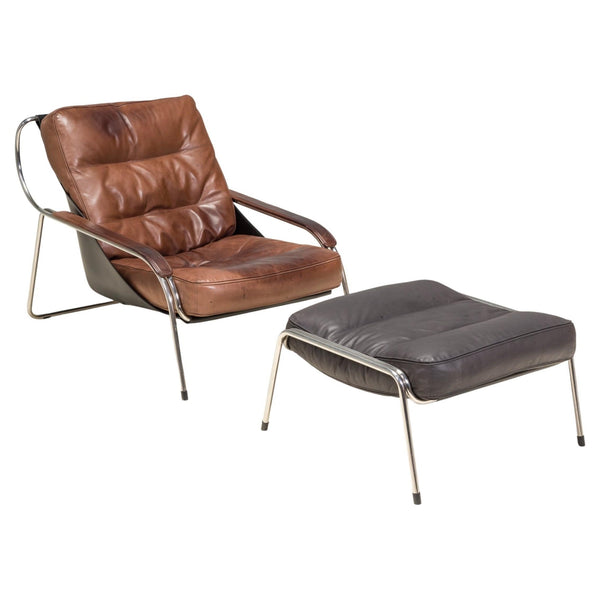 Marco Zanuso for Zanotta Brown Leather Maggiolina Lounge Chair & Footstool - REHAUS - Marco Zanuso