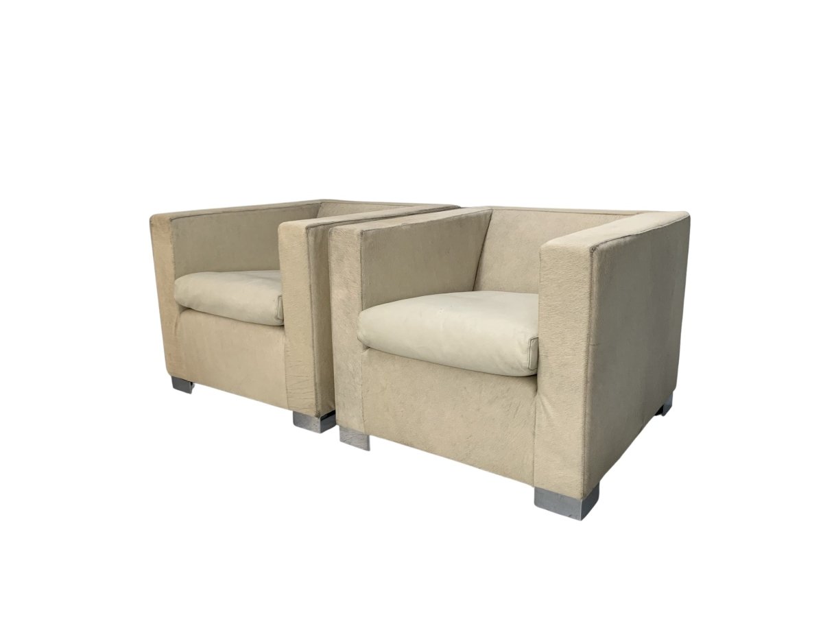 Pair of Minotti Suitcase Club Armchairs - In Pony Skin & Pelle Leather @ REHAUS