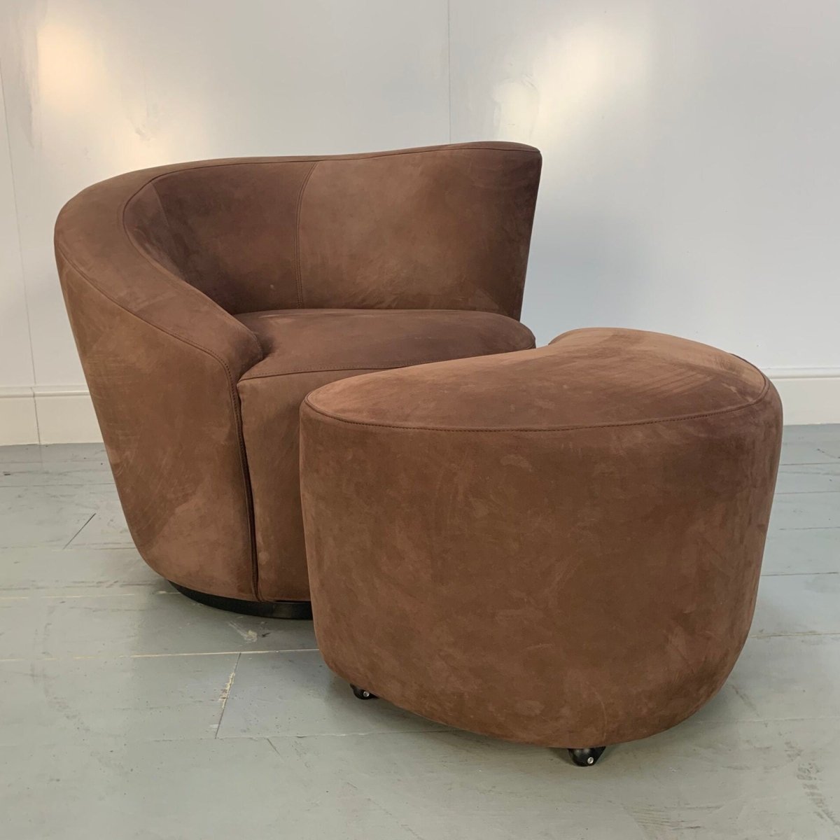 Vladimir Kagan Nautilus Corkscrew Armchair and Footstool in Brown Ultrasuede @ REHAUS