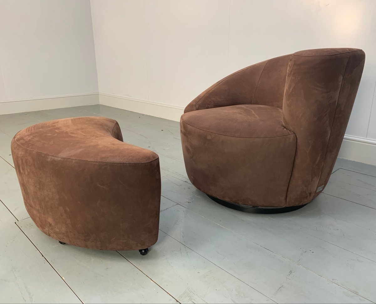 Vladimir Kagan Nautilus Corkscrew Armchair and Footstool in Brown Ultrasuede @ REHAUS
