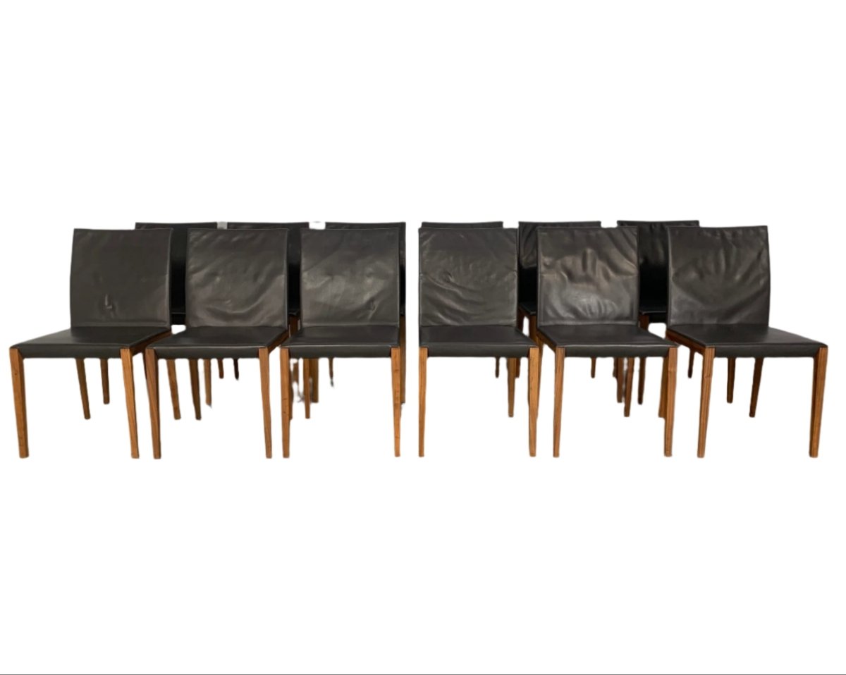 Walter Knoll Andoo Dining Chairs in Dark Brown Leather & Walnut, Set of 12 @ REHAUS