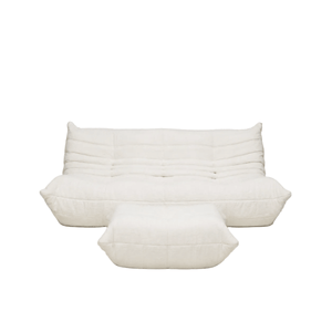 White Bouclé Togo Three Seater and Footstool, Set of Two