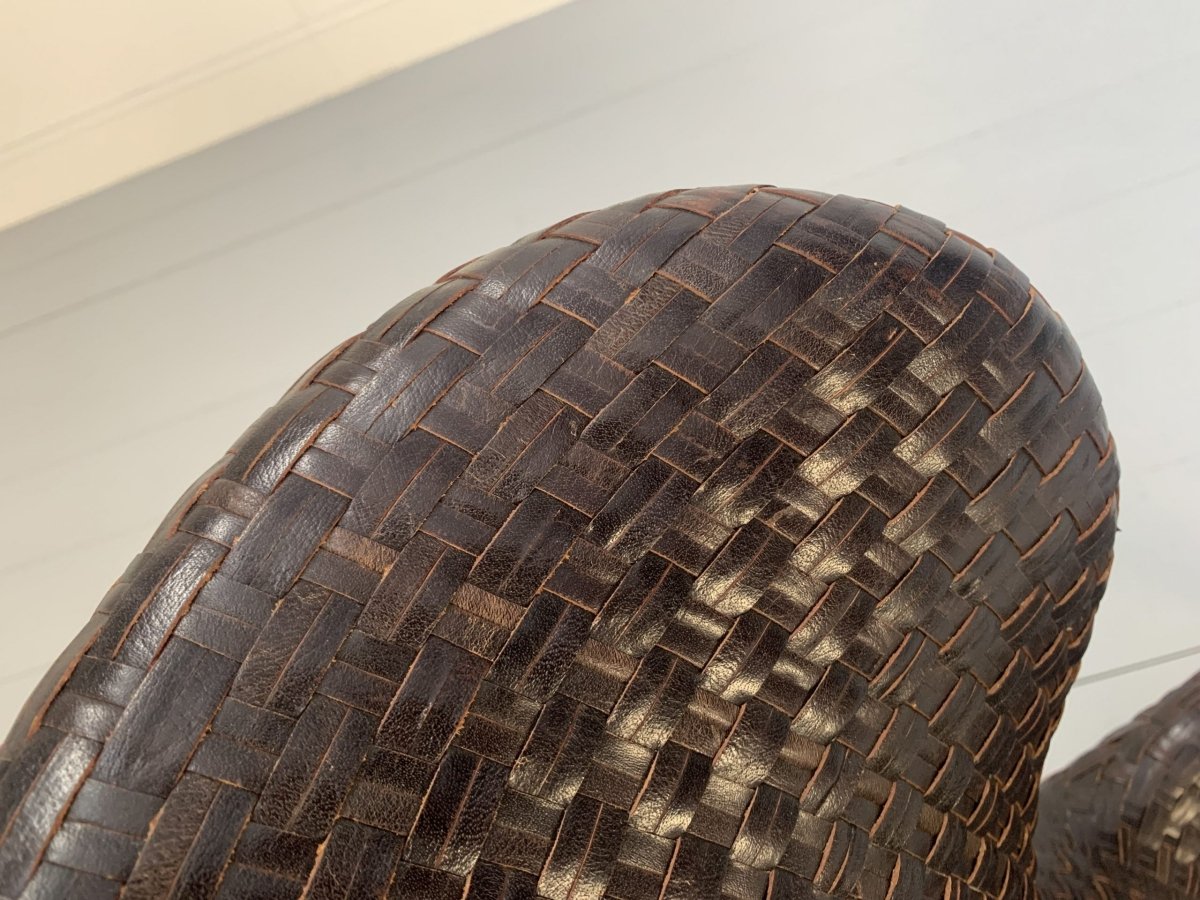 Woven Leather Armchair & Footstool - In Brown Leather @ REHAUS