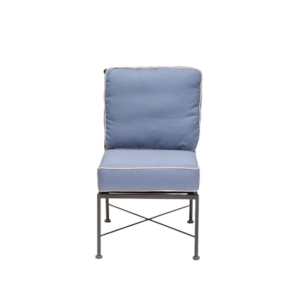 Wrought Iron Outdoor Light Blue and Cream Dining Chairs, Set of Six