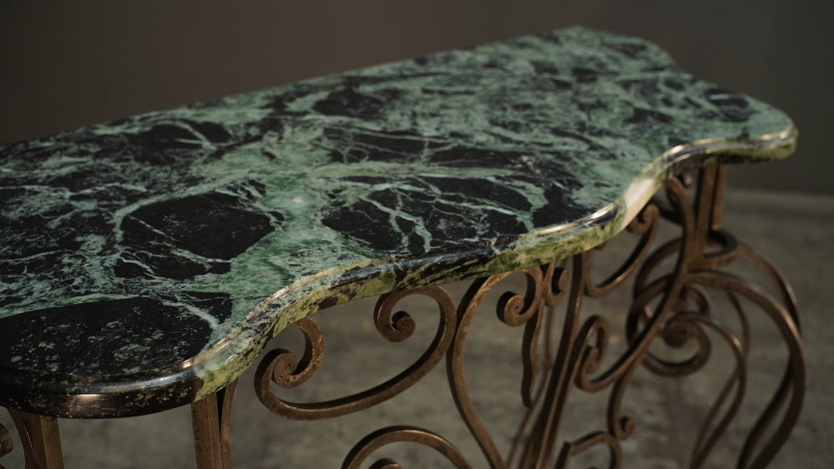 Wrought Steel Variegated Marble Top Console Table, Manner of Gilbert Poillerat @ REHAUS
