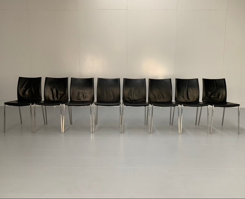Zanotta Lia 2086 Dining Chairs - In Black Nappa Leather & Aluminium, Set of 8 @ REHAUS
