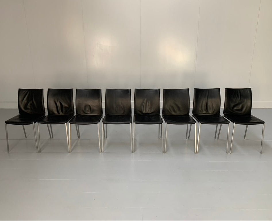 Zanotta Lia 2086 Dining Chairs - In Black Nappa Leather & Aluminium, Set of 8 @ REHAUS